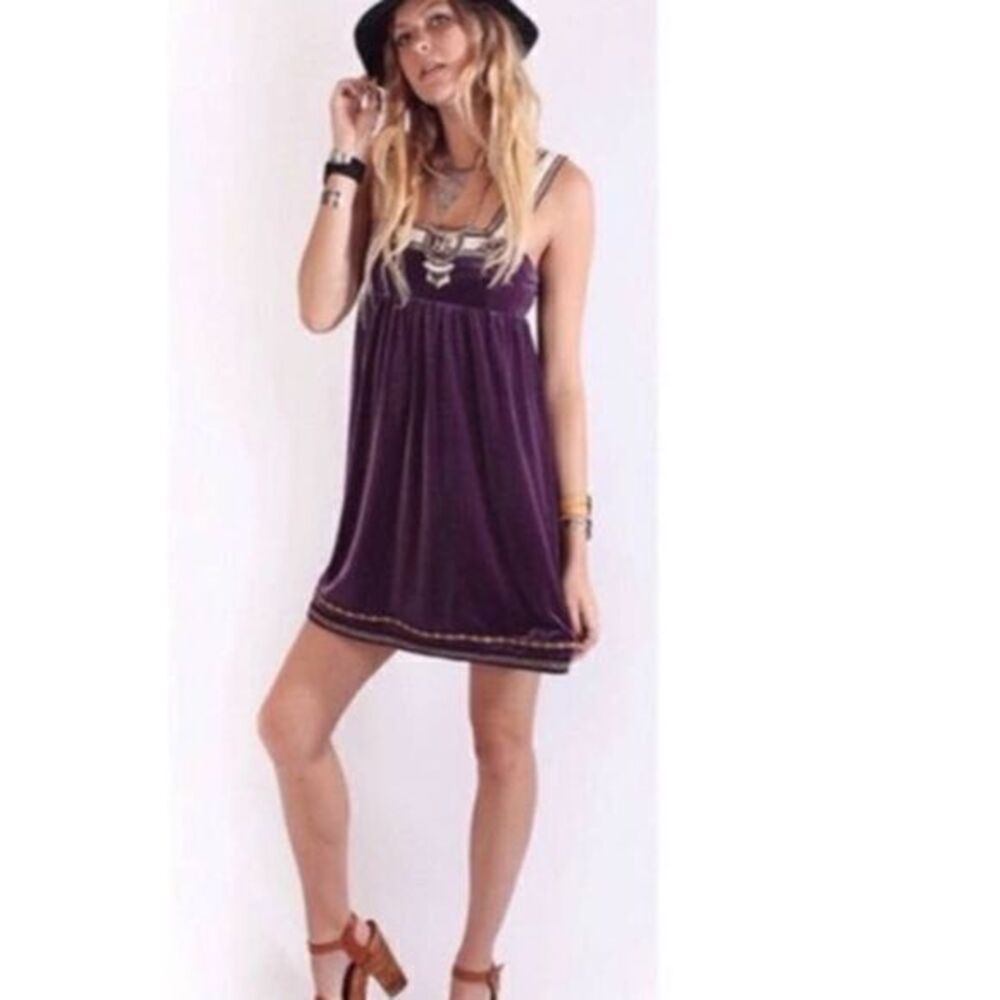 FREE PEOPLE  Velvet Embroidered Scandinavian Royal Purple Dress SMALL